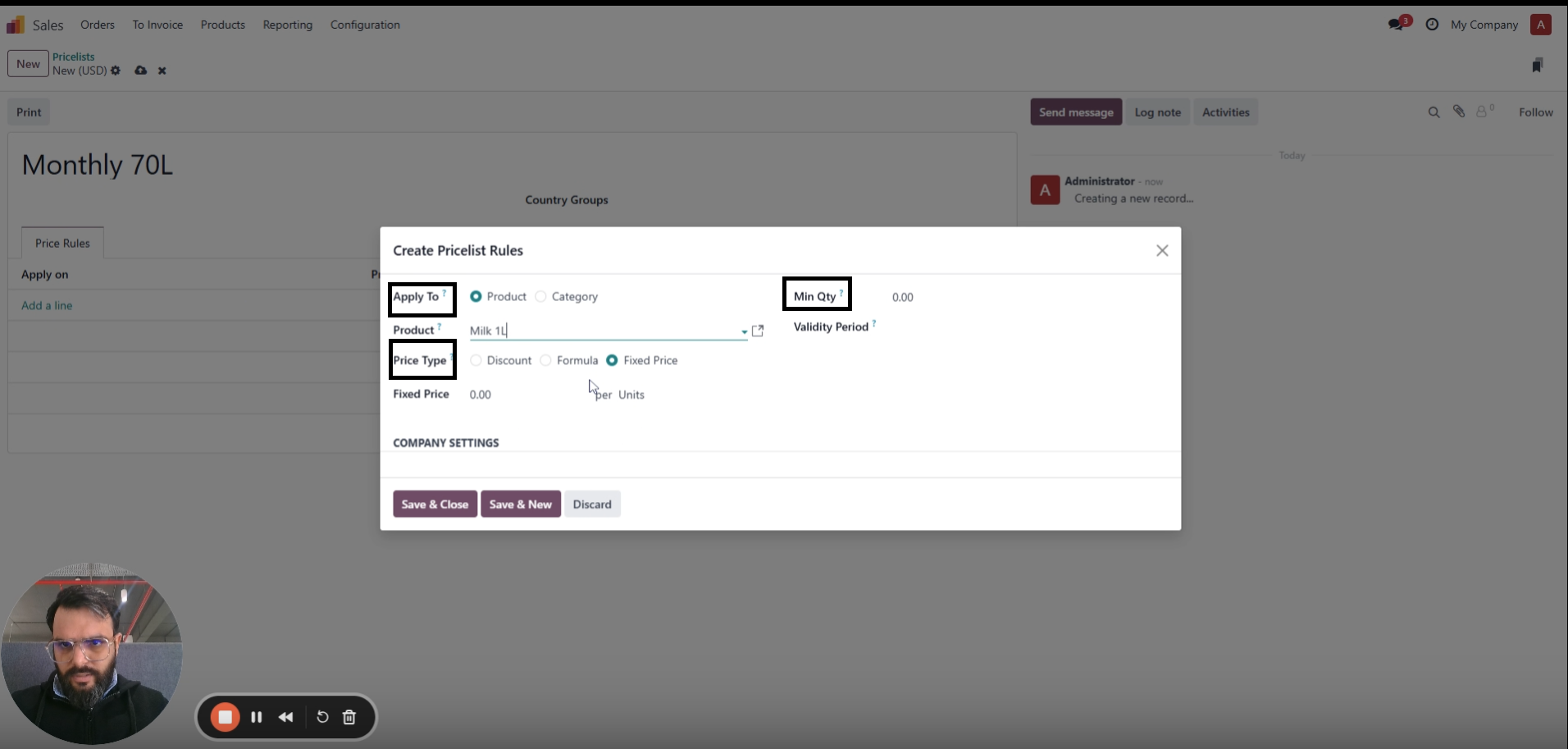 ravi garg, mss, odoo, create new pricelist, apply to, price type, min qty