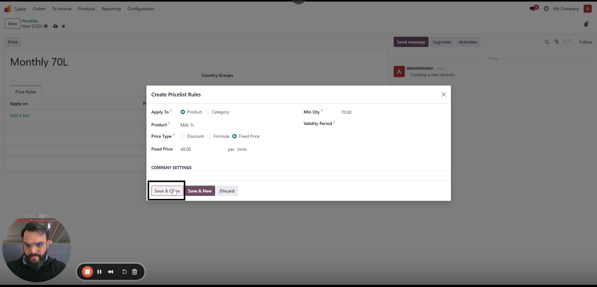 ravi garg, mss, odoo, create new pricelist, save list