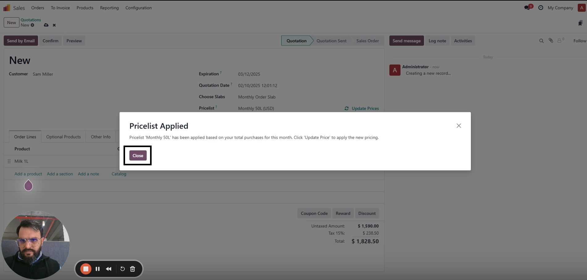ravi garg, mss, odoo, quotation, new price applied