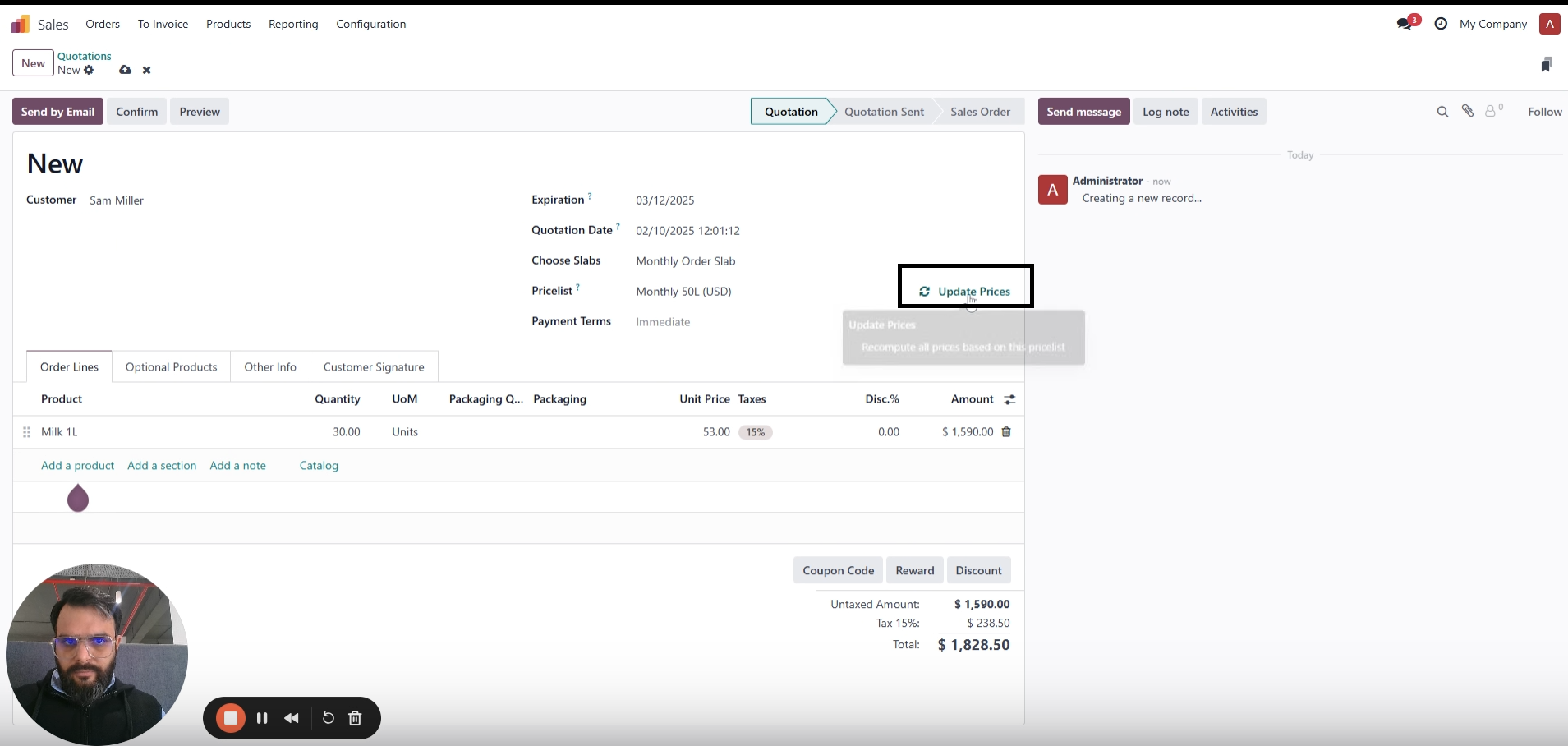 ravi garg, mss, odoo, sales, quotation, update price