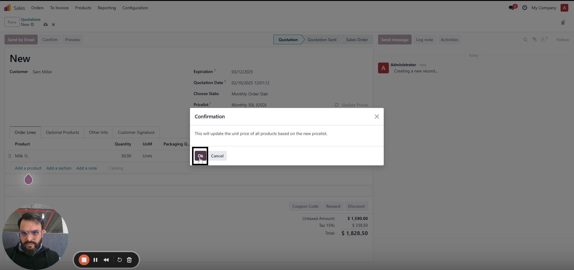 ravi garg, mss, odoo, quotation, updated unit price, new pricelist