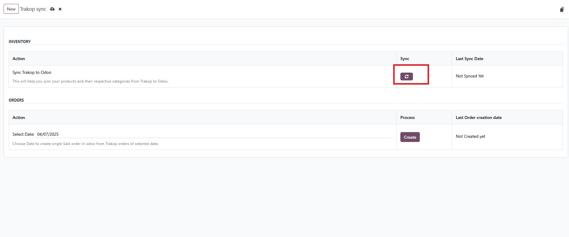 Synchronization button that pulls TrakOp data into Odoo