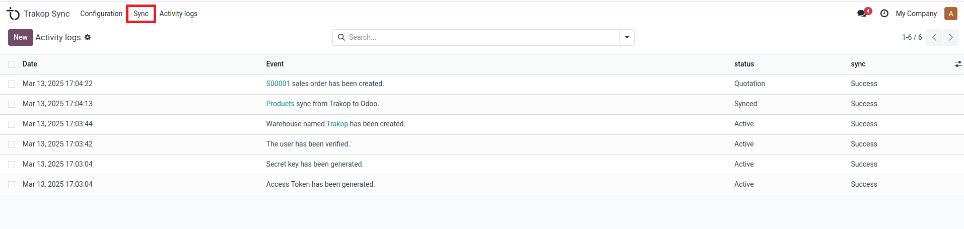 Sync option in the TrakOp Sync top menu in Odoo