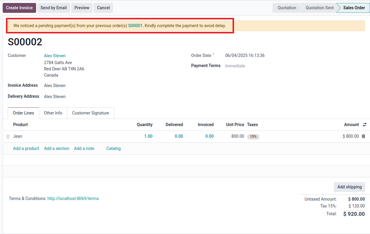 mss, ravi garg, odoo erp, Overdue Payment, Warning message