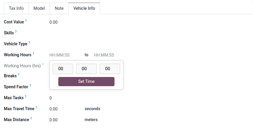 TimePicker Pro open on a Working Hours field with hour, minute, and second selectors and a Set Time button