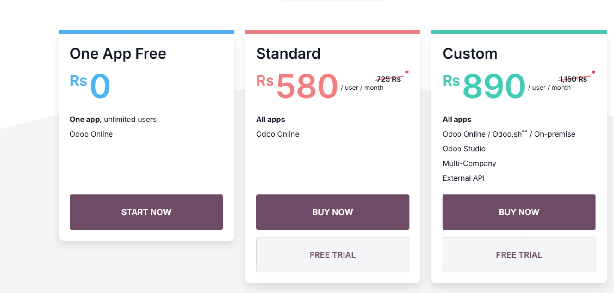 Odoo pricing plans showing One App Free, Standard and Custom per user per month